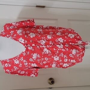 SO Size L Berry Red/Pink with White Floral Tie and Button Front Blouse